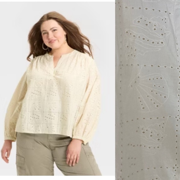 NWT Universal Thread Long Sleeve Boho Popover Blouse Size 2X Beige Shell Eyelet - Picture 1 of 12